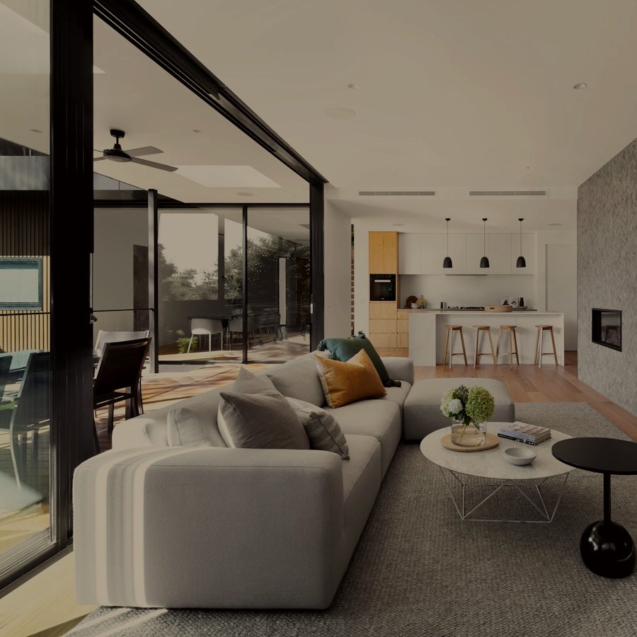 Bright renovated living room with large windows